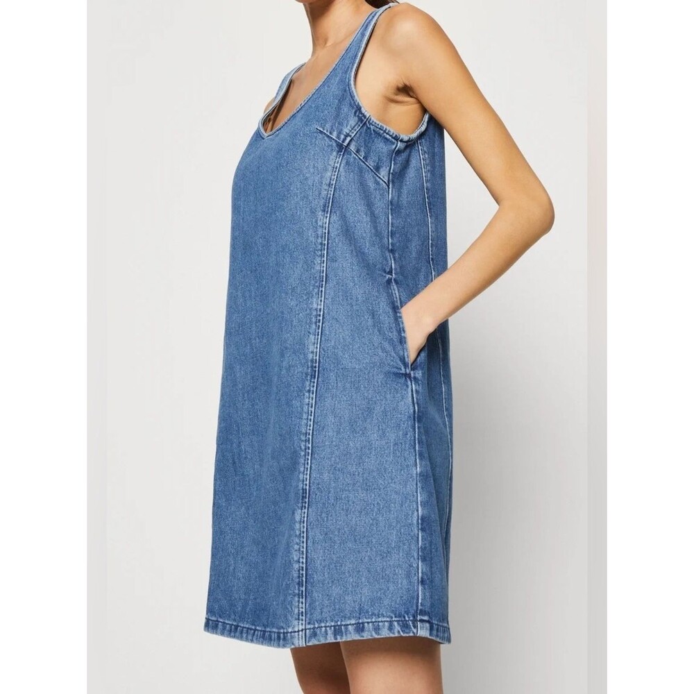 GAP Indigo Blue Denim Scoop Tank Dress Pockets Jumper Size 14 Petite
